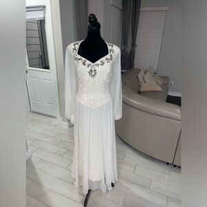 VINTAGE MIKE BENET FORMAL WHITE PUFFY SLEEVES SEQUIN TEA LENGTH WEDDING DRESS XL